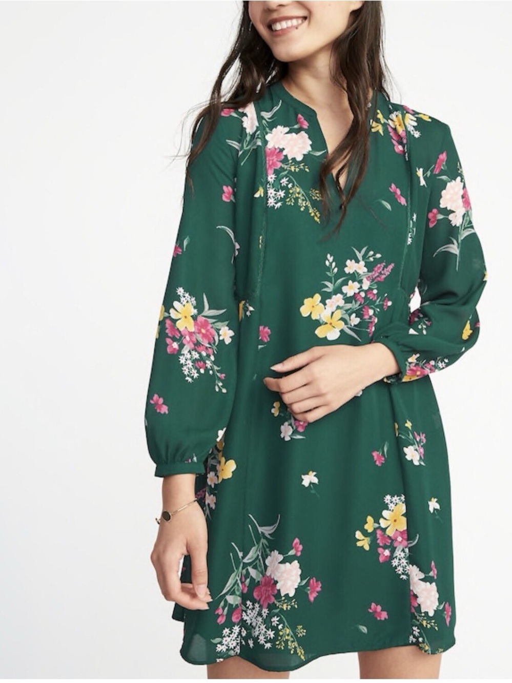 Old Navy Women’s Colorful Floral Green V-Neck Long Sleeve Dress (missing slip)